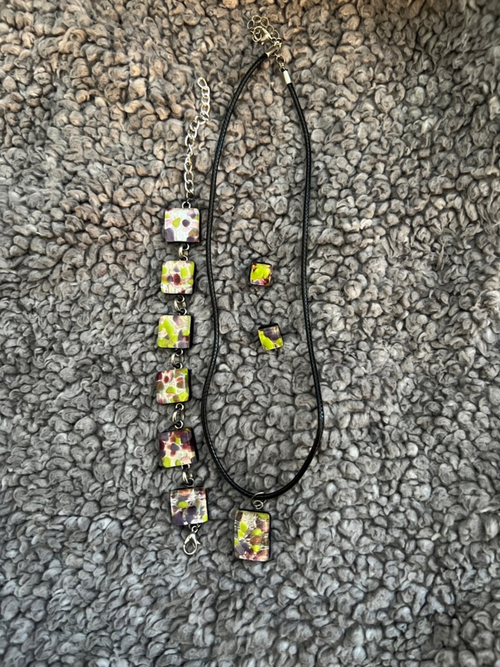 Murano Glass Necklace, Bracelet and Earrings Set — Lime, Maroon, Pink and Silver